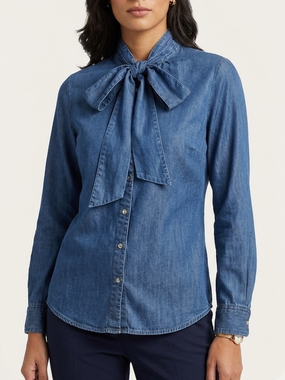 ICHI Women's Denim Tie-Neck Button-Down Shirt Size 6 38